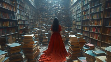 Obraz premium Woman in Red Dress Standing in a Library Filled with Books
