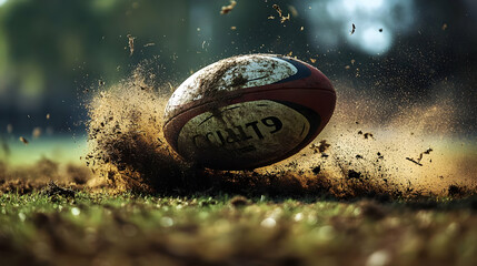 A rugby ball kicking up dirt on a field during play.