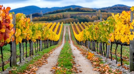 Naklejka premium Vibrant vineyard during autumn with golden leaves and a scenic pathway leading through the rows, set against rolling hills.