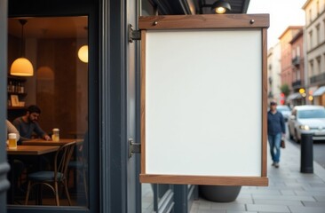 Blank menu board outside a cozy cafe on a quiet street during the evening, inviting passersby to explore its offerings