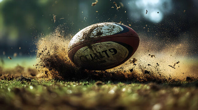 A rugby ball kicking up dirt on a field during play. - Powered by Adobe