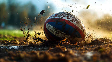 A rugby ball splashes in muddy terrain during an outdoor game.