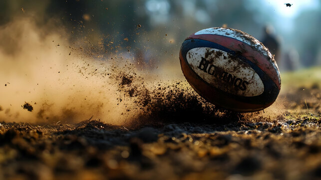 A rugby ball rolling on a dusty field, capturing motion and sport. - Powered by Adobe