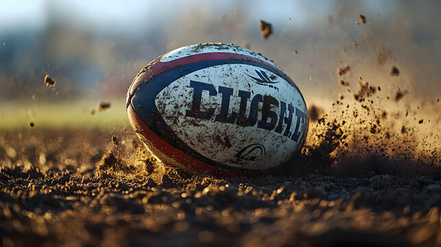 A rugby ball rolls on a muddy field, kicking up dirt and dust. - Powered by Adobe