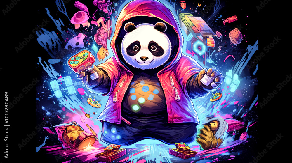 Poster panda is holding a remote and surrounded by various objects.