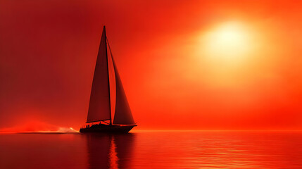 A serene sailboat gliding across a glowing sunset sea.