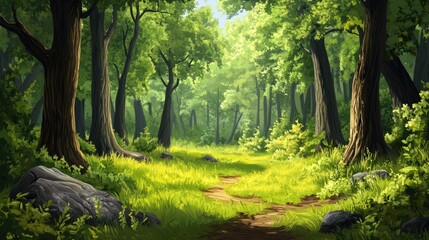 Obraz premium A Sunlit Path Through a Lush, Green Forest