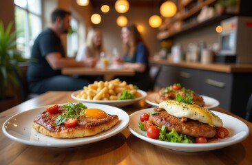 Delicious brunch dishes served at a cozy restaurant while friends enjoy conversation and time together