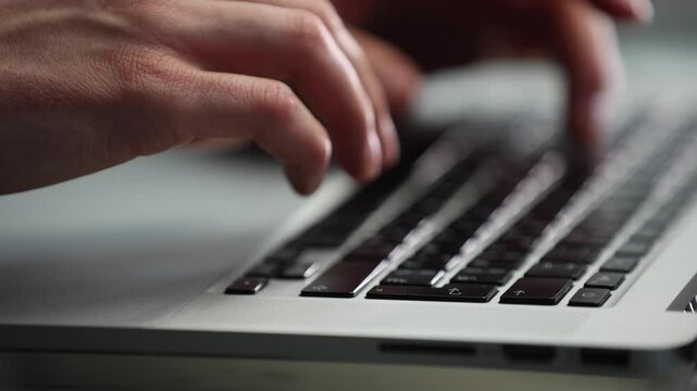 Typing on a laptop keyboard in close-up at a desk in the office