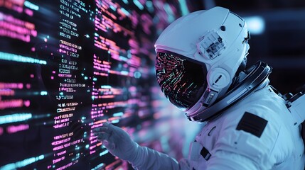 A futuristic spaceman reading programming code with it being reflected over his space helmet. Future concept. 3D illustration. 