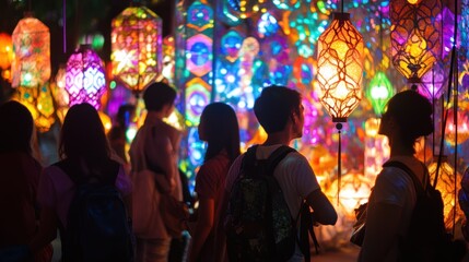 Fototapeta premium People admiring colorful lanterns at a night market