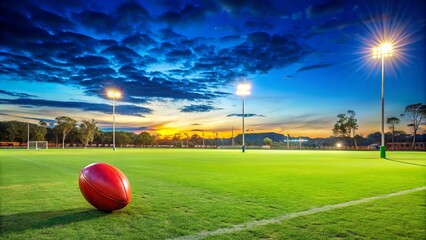 Vibrant Australian Rules Football on Grass Field Ready for Play Under a Clear Blue Sky