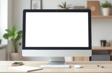 Fototapeta premium A minimalist workspace featuring a blank computer screen, smartphone, and stationery on a wooden desk in a bright room with plants