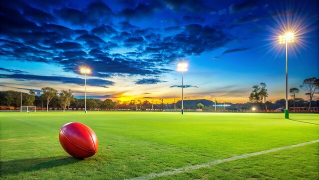 Vibrant Australian Rules Football on Grass Field Ready for Play Under a Clear Blue Sky