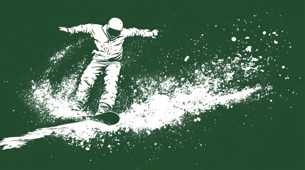 A snowboarder performing a trick against a green backdrop.