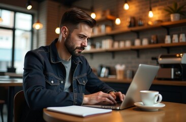 Fototapeta premium Young man working on laptop in a cozy coffee shop during the afternoon, focused on his tasks while enjoying a warm drink