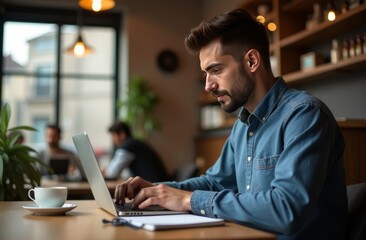 Young man working on a laptop in a cozy café during the afternoon while others enjoy their drinks and conversations