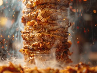 Grilled Shawarma Tower, Juicy Meat Layers, Deliciously Seasoned, Smoke Rising, Authentic Street Food Experience, Flavorsome Delight, Culinary Concept