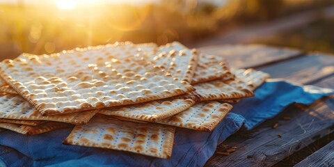 Golden sunlight on traditional matzo stack, wood table, Passover celebration outdoors, matzah texture focus, holiday meal atmosphere concept