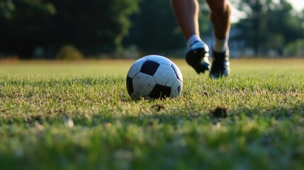 Obraz premium Action shot of a soccer ball rolling across the grass, with a player's foot just out of frame, ready to kick it into motion.