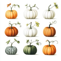 Assorted Pumpkins with Vines  White Background