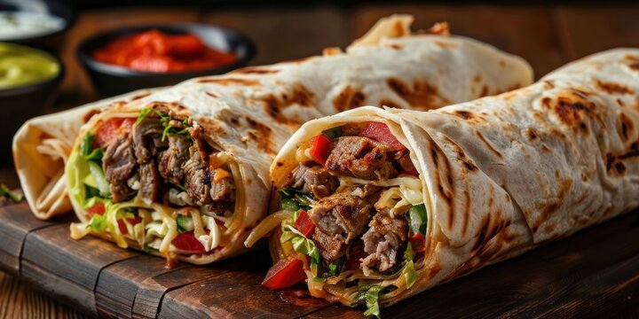 Shawarma wraps with grilled meat, fresh vegetables, savory sauce on wooden board, delicious street food, Turkish cuisine concept