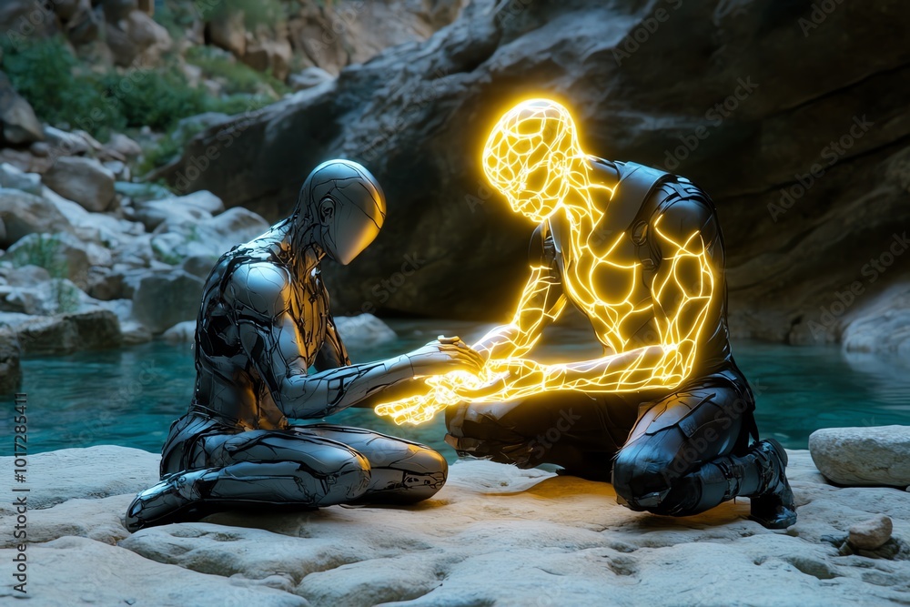 Poster fantasy depiction of a glowing figure healing another with light, symbolizing the magical power of a