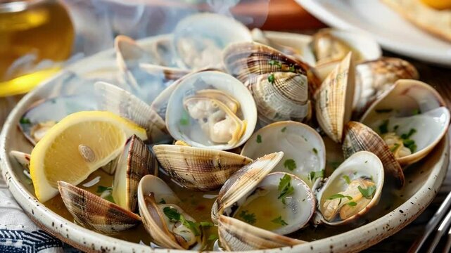 Delicious steamed clams in white wine sauce with parsley and lemon. Perfect for gourmet seafood meal. Mediterranean inspired dish on wooden table
