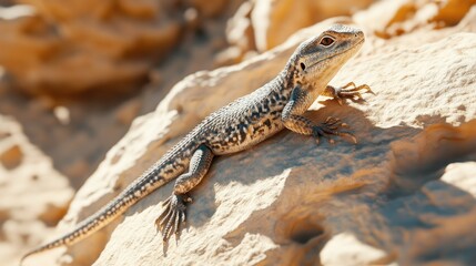 Naklejka premium A close-up of a lizard basking on a sun-soaked rock in the desert, showcasing the intricate details of its scales and the surrounding sand.