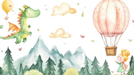 Obraz premium Watercolor Illustration of a Dragon, Hot Air Balloon, and Girl in a Forest Setting