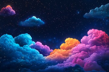 Colorful dreamlike clouds float serenely in a starry night sky, creating a surreal and peaceful atmosphere. Perfect for imaginative themes.
