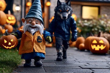 A gnome and a friendly werewolf trick-or-treating together, walking down a street filled with Halloween decorations and glowing pumpkins