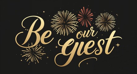 be our guest calligraphic gold lettering with fireworks on plain black background