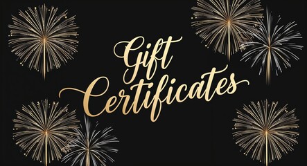 Gift certificates calligraphic gold lettering with fireworks on plain black background
