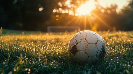 Fototapeta premium Close-up of a soccer ball on dew-kissed grass at dawn, with sunlight glistening on the droplets, creating a serene moment.