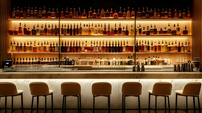 A stylish bar showcasing an extensive collection of spirits.