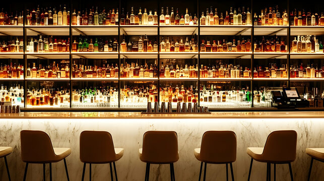 A stylish bar showcasing a wide selection of spirits.