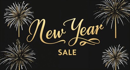 new year sale calligraphic gold lettering with fireworks on plain black background