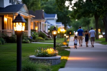 A quiet, tree-lined suburban neighborhood street at dusk, with porch lights glowing and families enjoying a calm evening walk