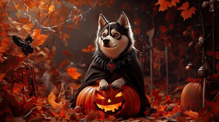 Cute husky in a Dracula outfit sitting on a pumpkin, surrounded by Halloween decorations, with autumn leaves and spooky props in the background.