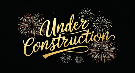 under construction calligraphic gold lettering with fireworks on plain black background