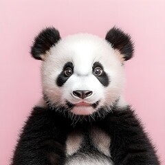 Fototapeta premium Adorable panda with expressive eyes against a pink background