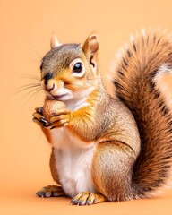Cute squirrel holding an acorn against a warm backdrop