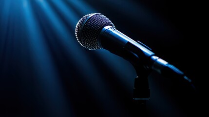 Obraz premium Microphone under cool stage lighting, the light reflecting off its chrome finish, with the background in deep shadows.