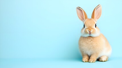 Obraz premium Cute fluffy rabbit on a pastel blue background