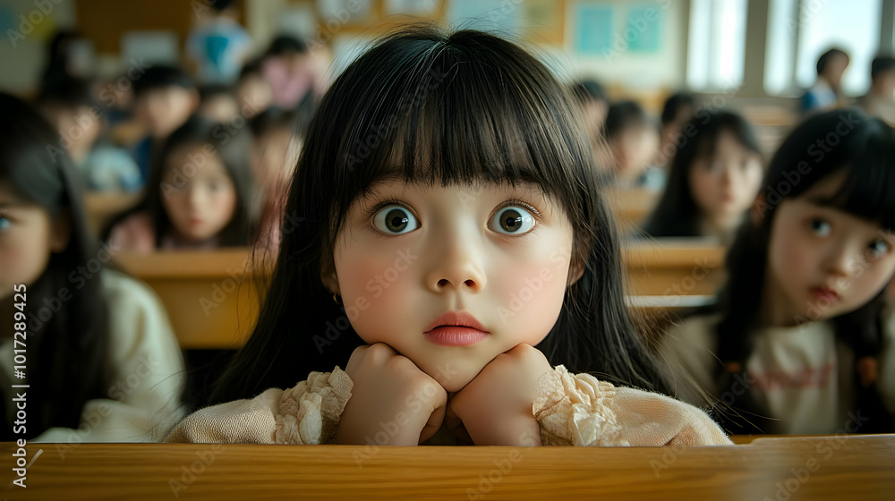 Poster a surprised child in a classroom surrounded by classmates.