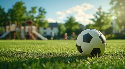 Soccer ball positioned on a grassy field, with a school playground and children playing in the background, capturing a sense of community.
