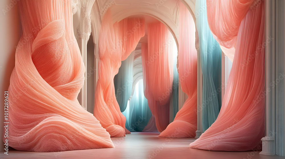Poster a surreal corridor adorned with flowing fabric-like structures.