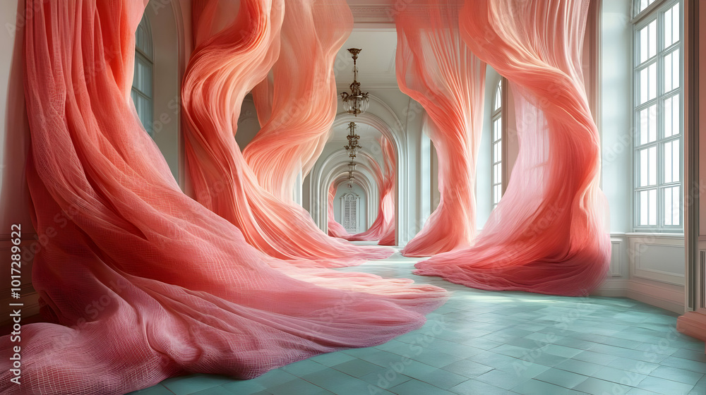 Poster a surreal corridor with flowing, fabric-like structures in soft colors.