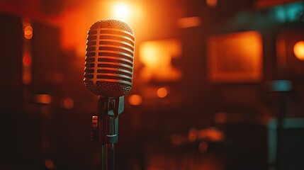 Vintage microphone glowing in a dimly lit recording studio, casting long shadows on the dark background.